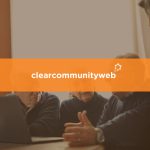 Clearcommunityweb logo with elderly individuals in the background receiving help with a laptop
